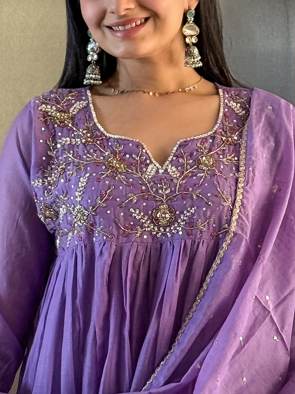 Lavender A-Line Kurta Pant Set With Dupatta