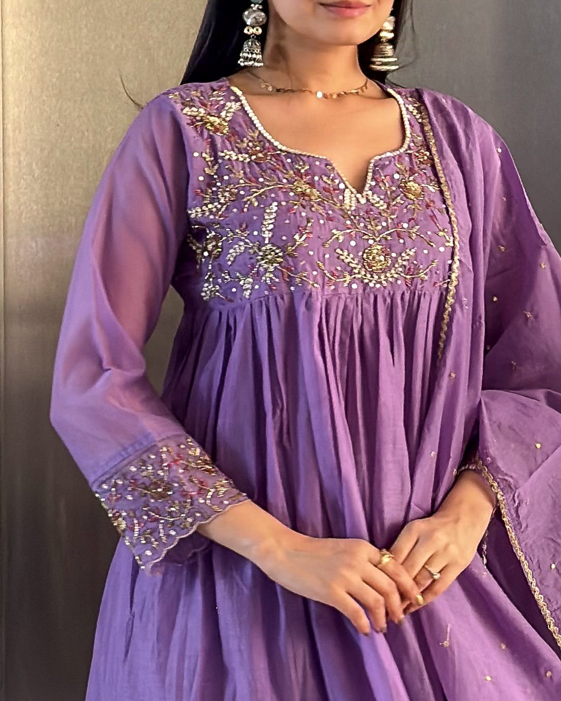 Lavender A-Line Kurta Pant Set With Dupatta