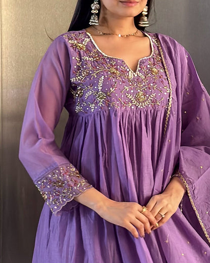 Lavender A-Line Kurta Pant Set With Dupatta
