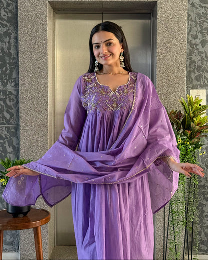Lavender A-Line Kurta Pant Set With Dupatta
