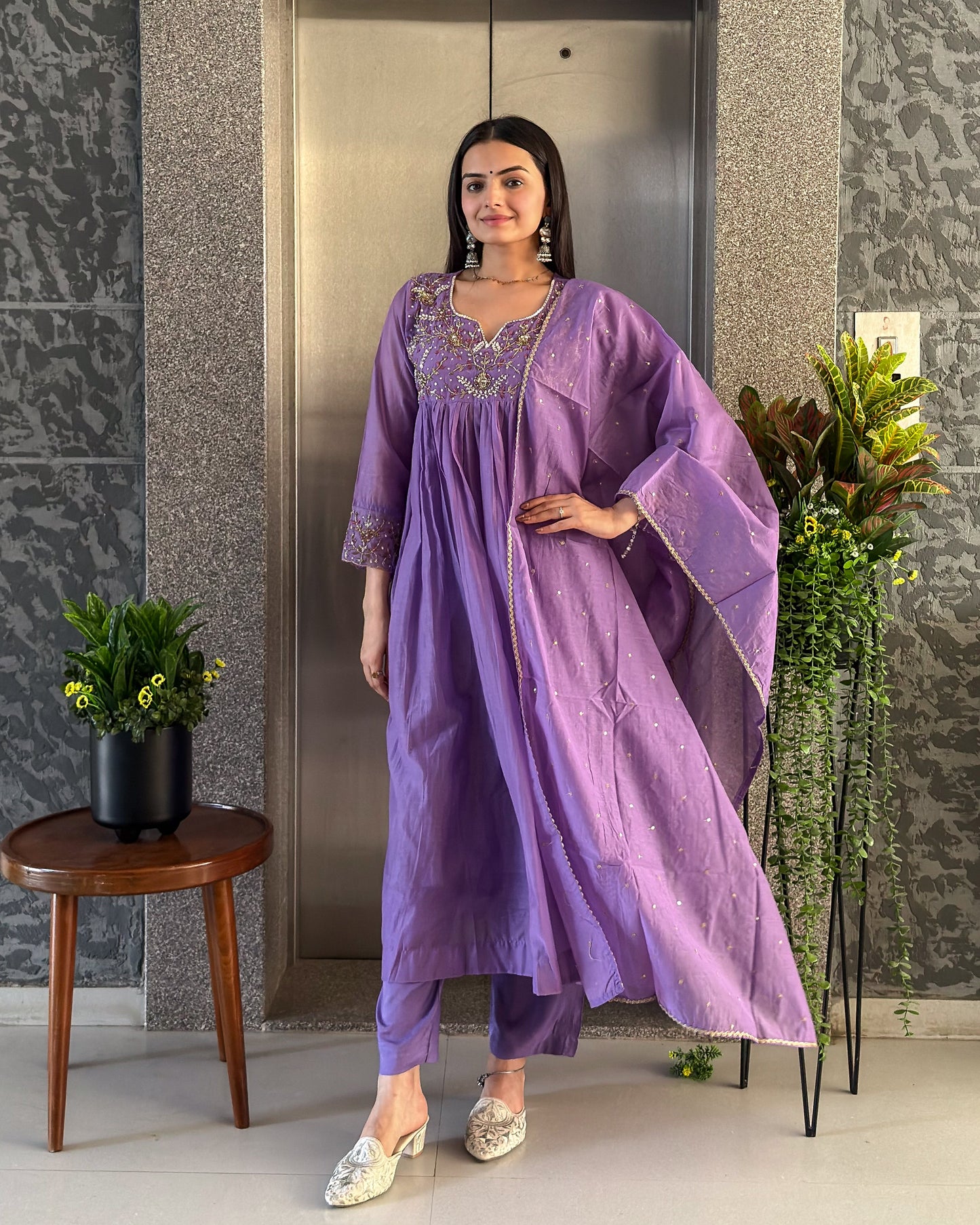 Lavender A-Line Kurta Pant Set With Dupatta