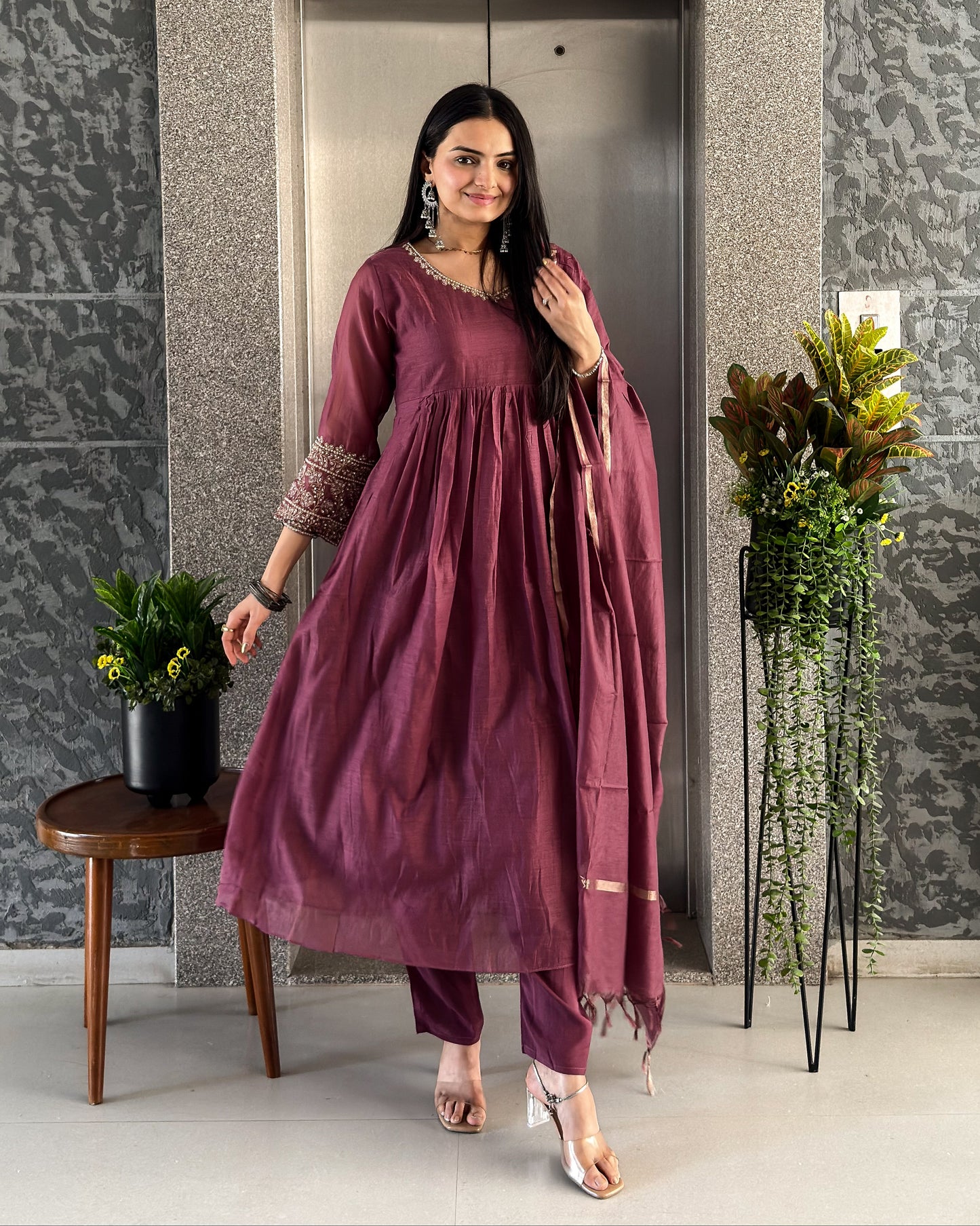 Wine Round Kurta Pant with Dupatta Set