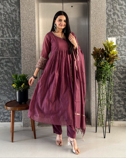 Wine Round Kurta Pant with Dupatta Set
