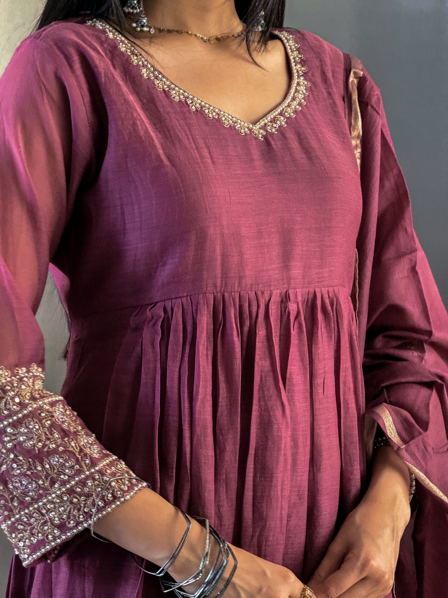 Wine Round Kurta Pant with Dupatta Set