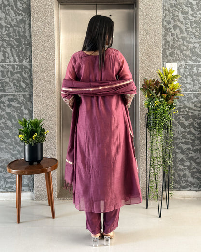 Wine Round Kurta Pant with Dupatta Set