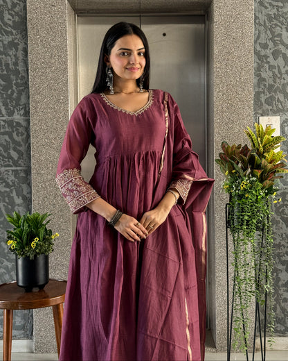 Wine Round Kurta Pant with Dupatta Set