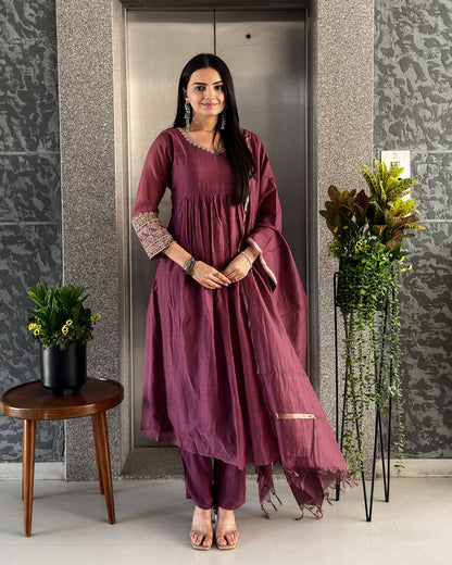 Wine Round Kurta Pant with Dupatta Set