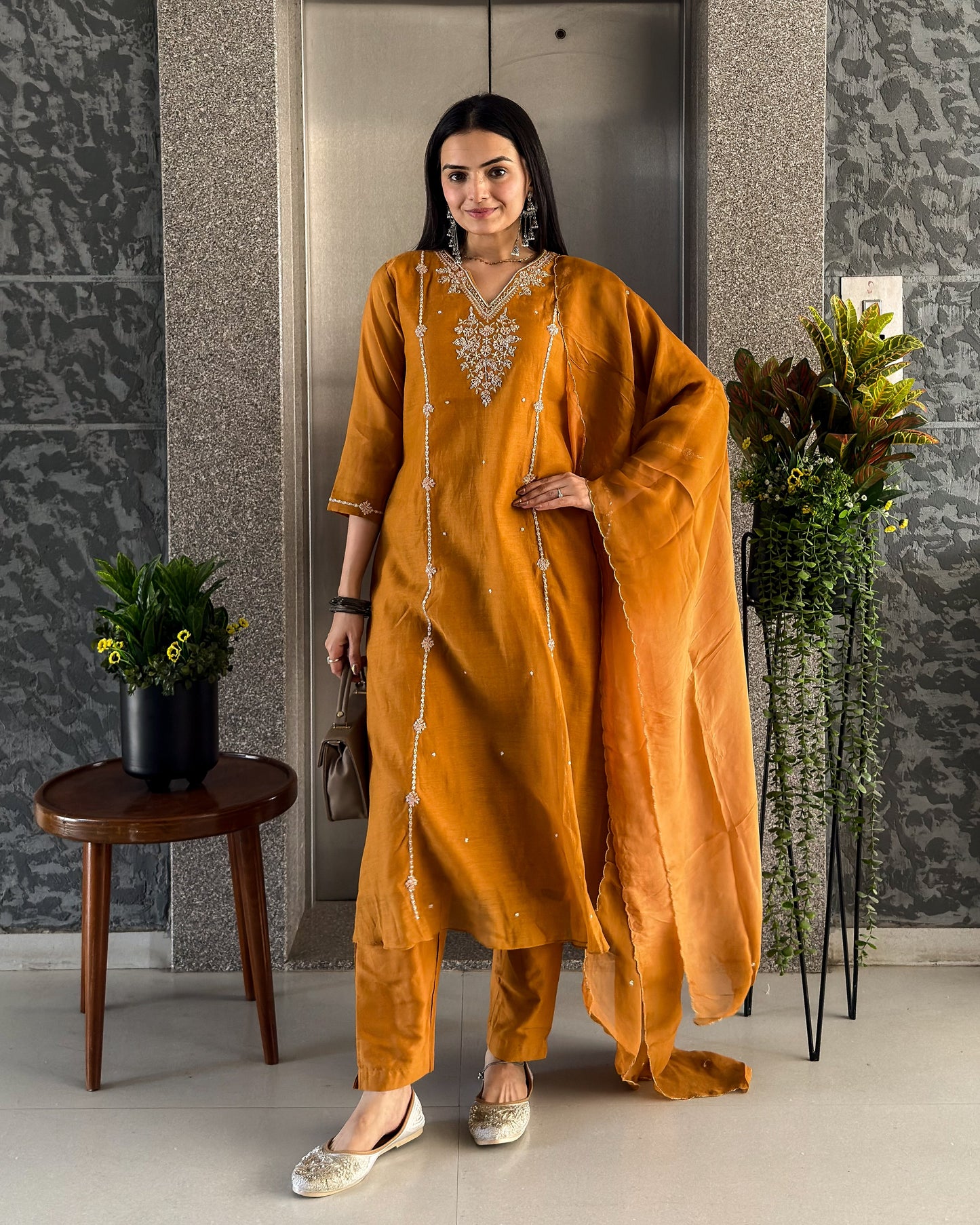 Musturd A Line Kurta Pant Set with Dupatta