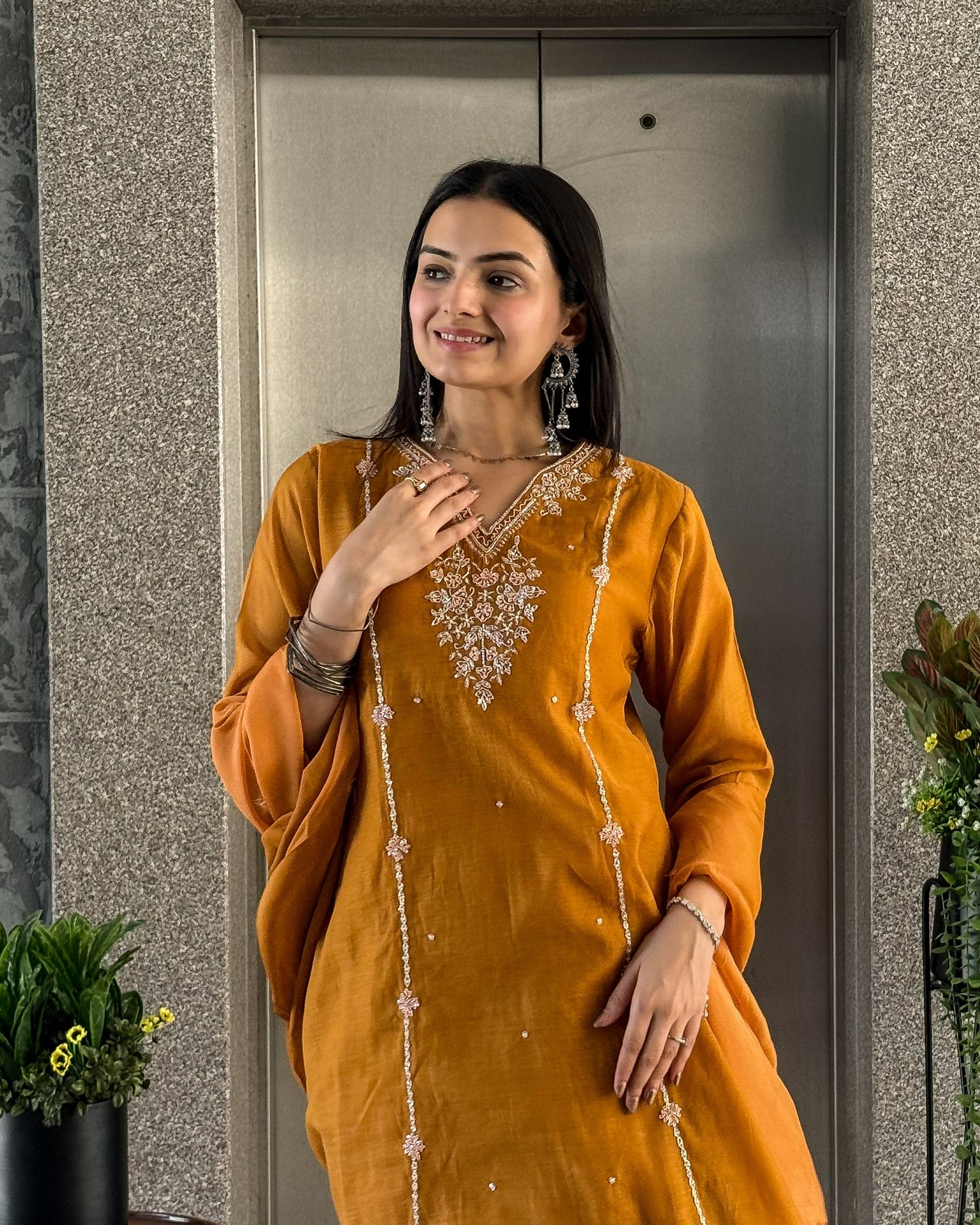 Musturd A Line Kurta Pant Set with Dupatta
