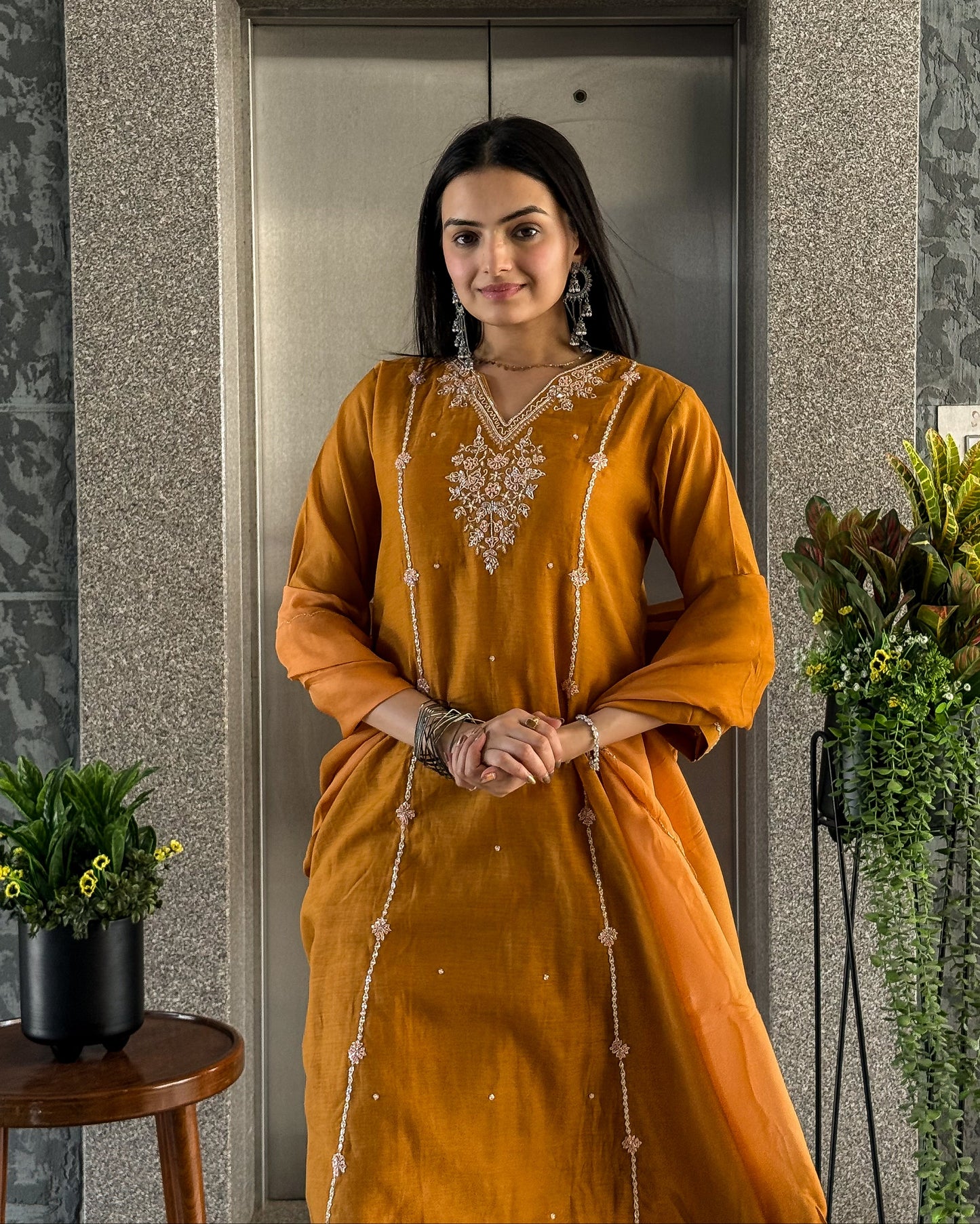 Musturd A Line Kurta Pant Set with Dupatta