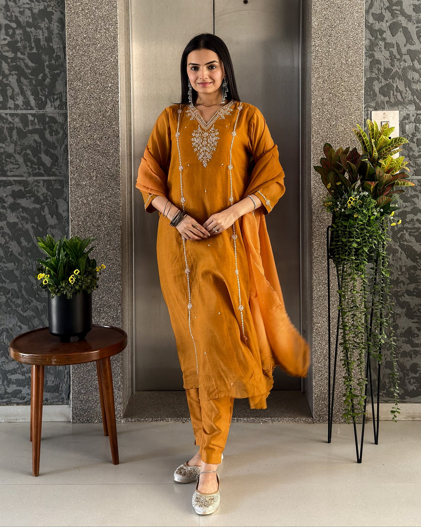 Musturd A Line Kurta Pant Set with Dupatta