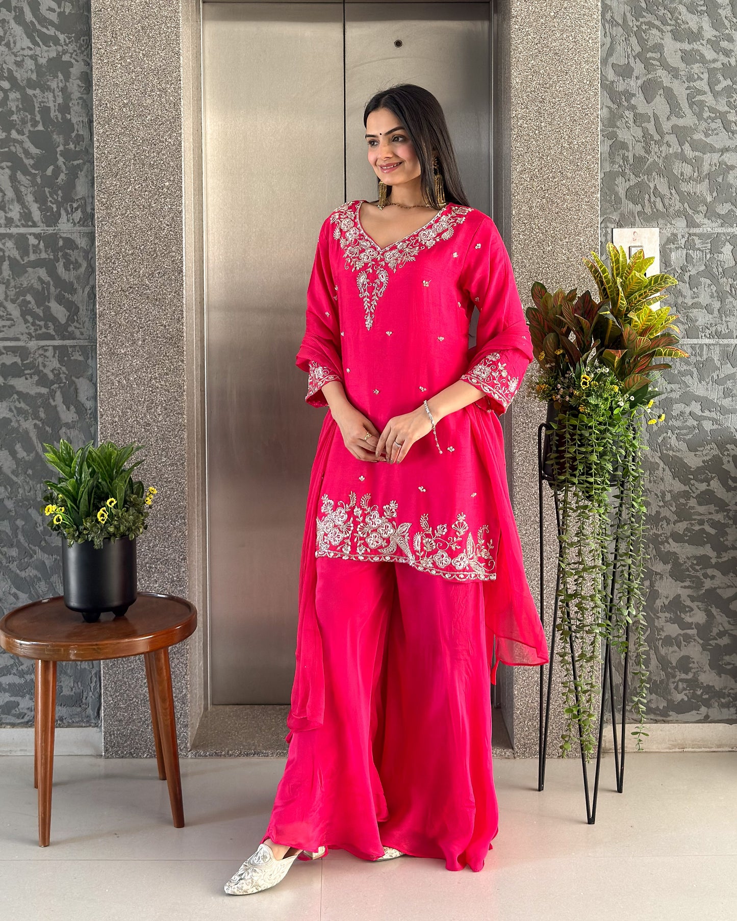 Rani Pink Short Kurta Palazzo Set with Dupatta