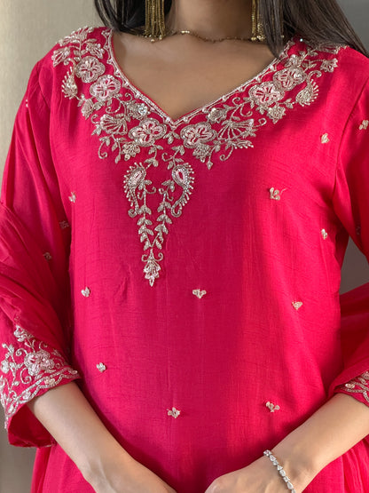 Rani Pink Short Kurta Palazzo Set with Dupatta
