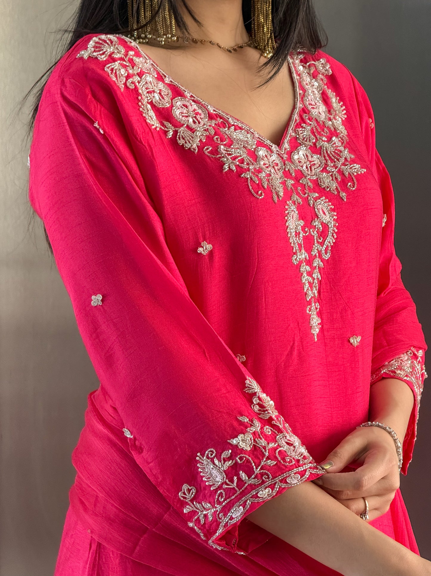 Rani Pink Short Kurta Palazzo Set with Dupatta