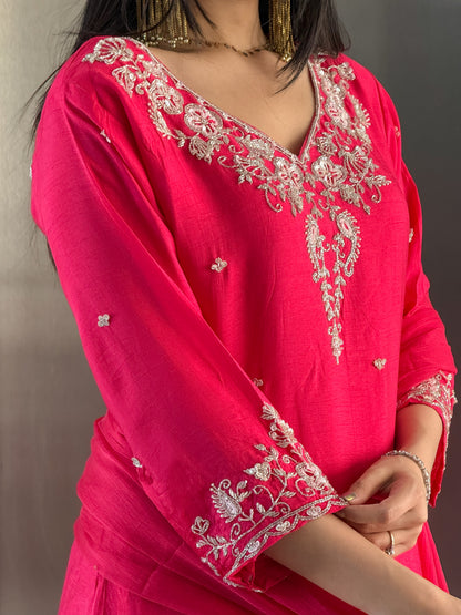 Rani Pink Short Kurta Palazzo Set with Dupatta