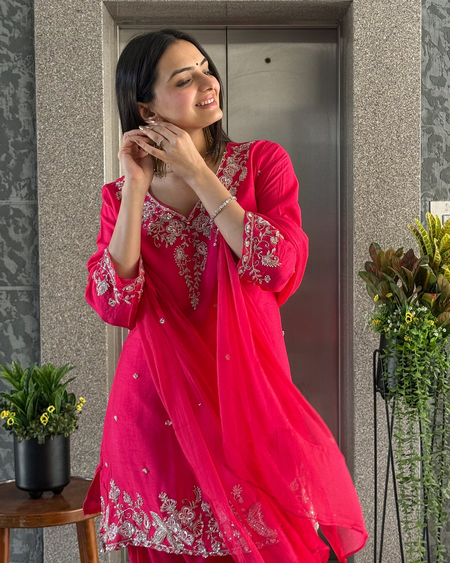 Rani Pink Short Kurta Palazzo Set with Dupatta