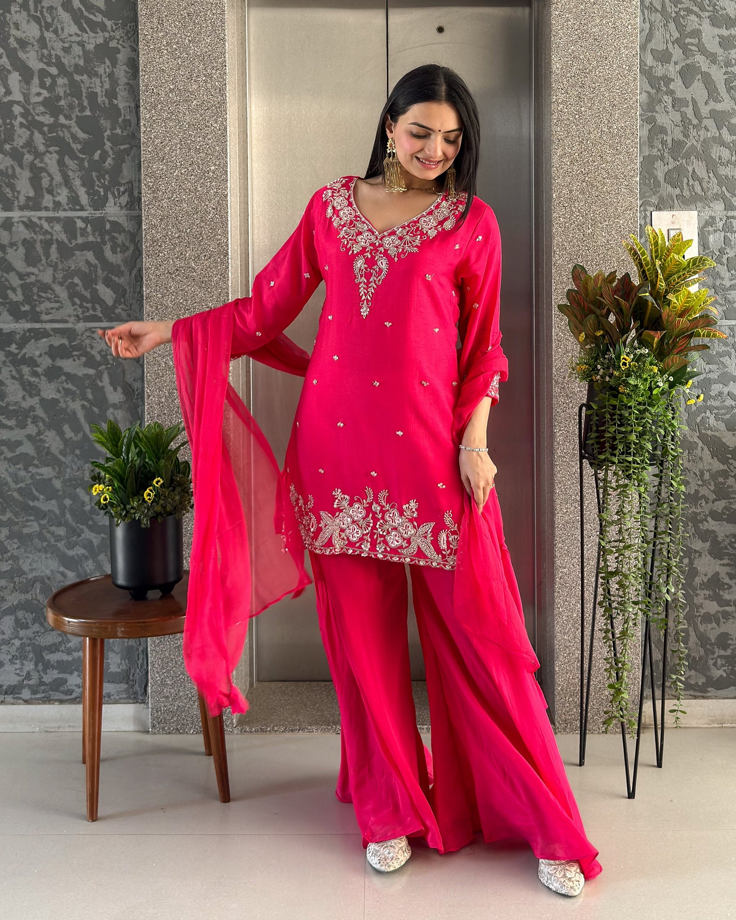 Rani Pink Short Kurta Palazzo Set with Dupatta