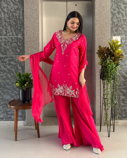 Rani Pink Short Kurta Palazzo Set with Dupatta