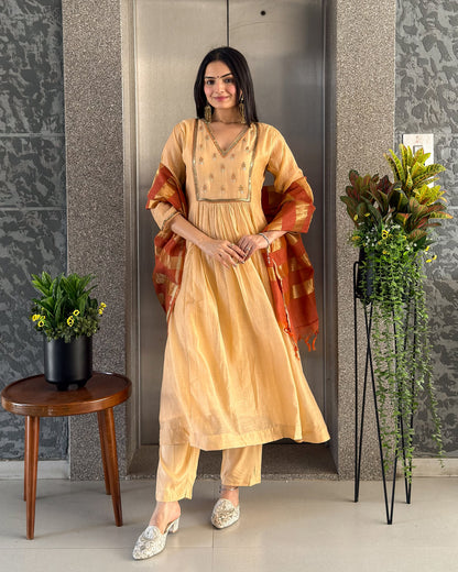 Dark Cream A-Line Kurta Pant Set With Dupatta