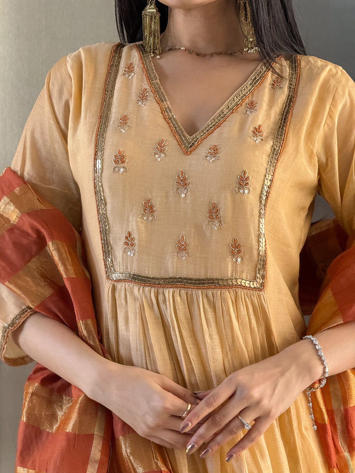 Dark Cream A-Line Kurta Pant Set With Dupatta