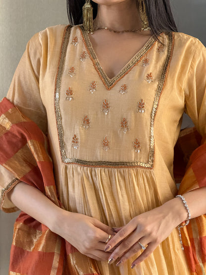 Dark Cream A-Line Kurta Pant Set With Dupatta