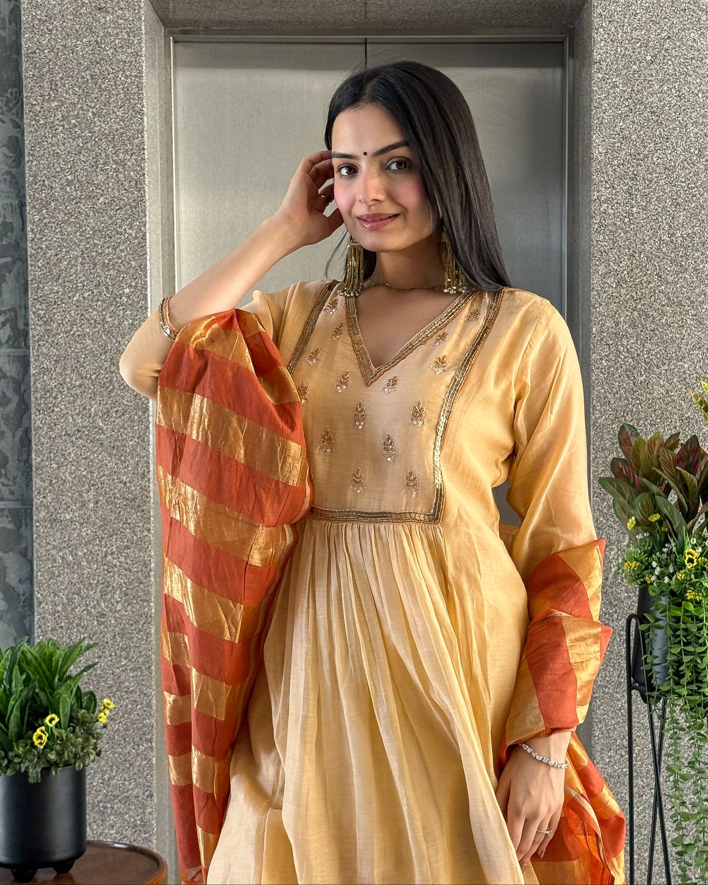 Dark Cream A-Line Kurta Pant Set With Dupatta