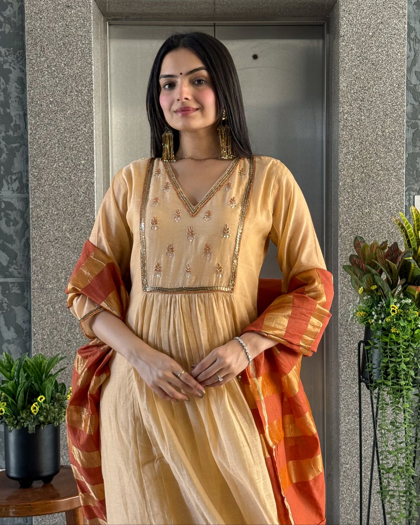 Dark Cream A-Line Kurta Pant Set With Dupatta