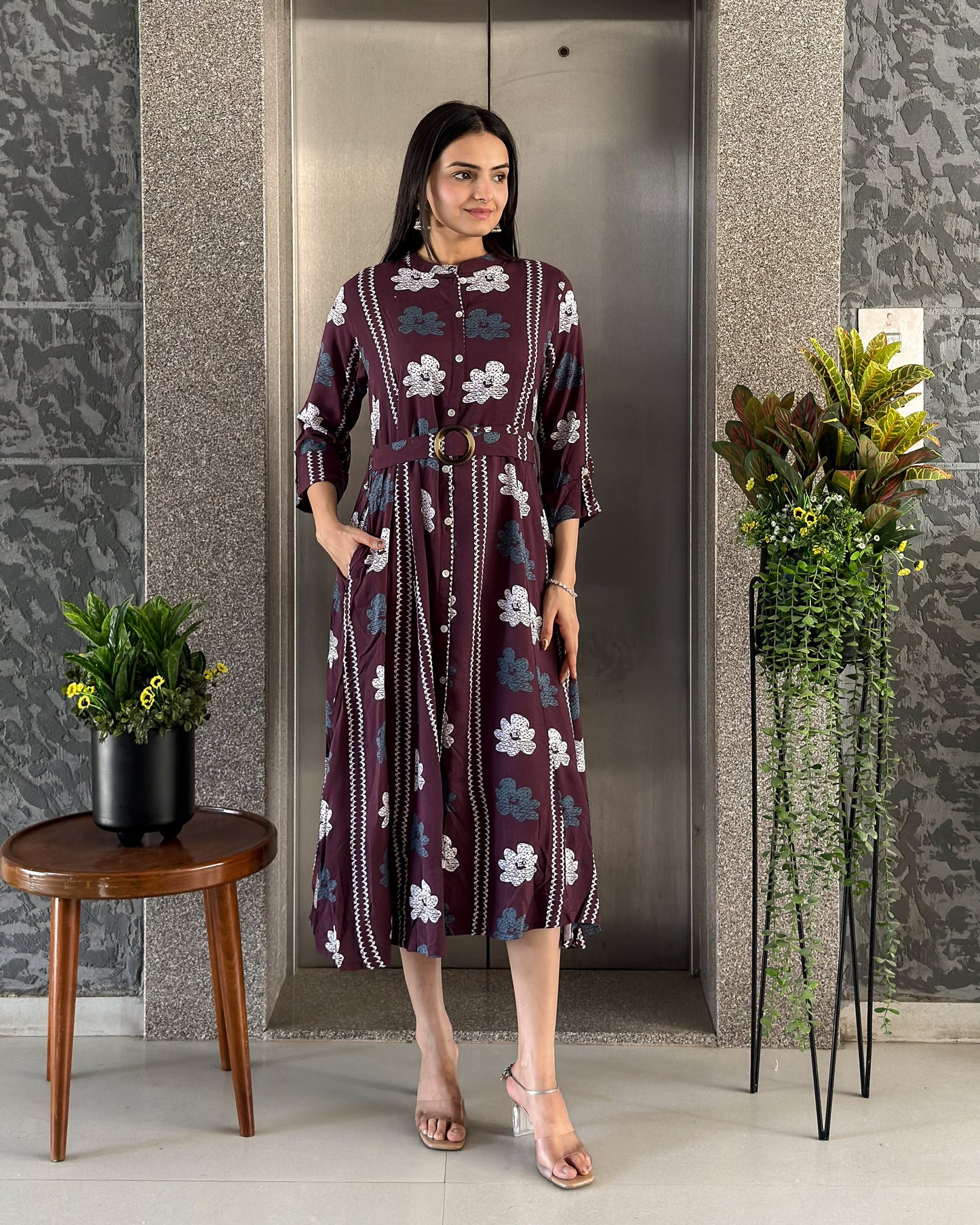 Wine Printed One Piece Dress for Womens