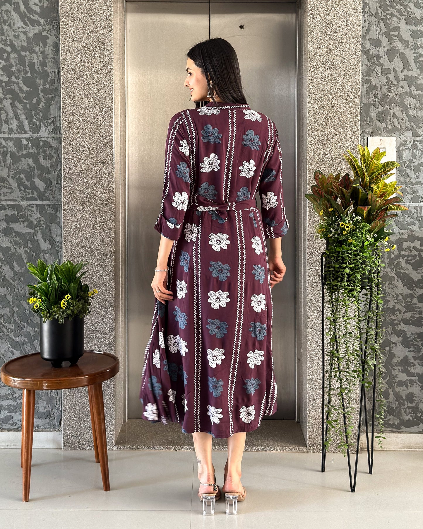 Wine Printed One Piece Dress for Womens