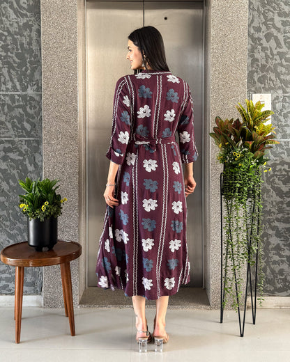 Wine Printed One Piece Dress for Womens