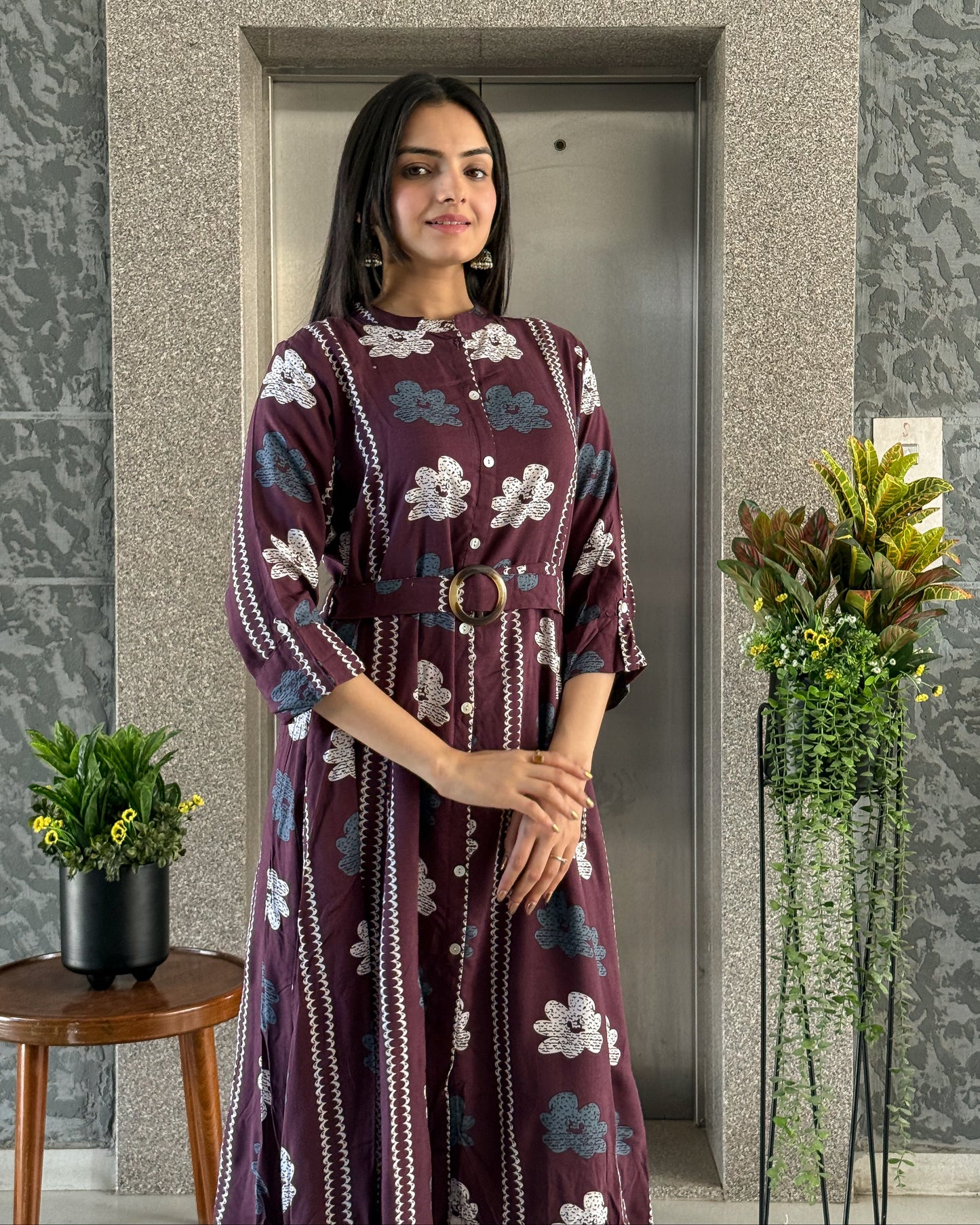 Wine Printed One Piece Dress for Womens