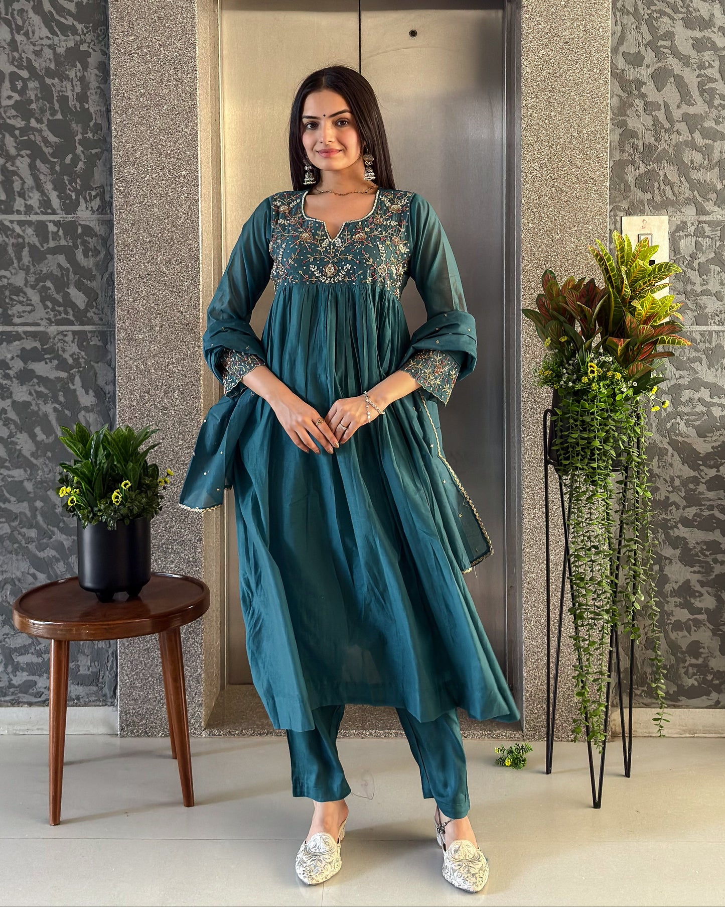 Teal Blue A-Line Kurta Pant Set With Dupatta