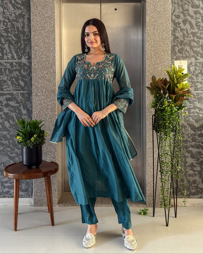 Teal Blue A-Line Kurta Pant Set With Dupatta