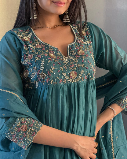 Teal Blue A-Line Kurta Pant Set With Dupatta