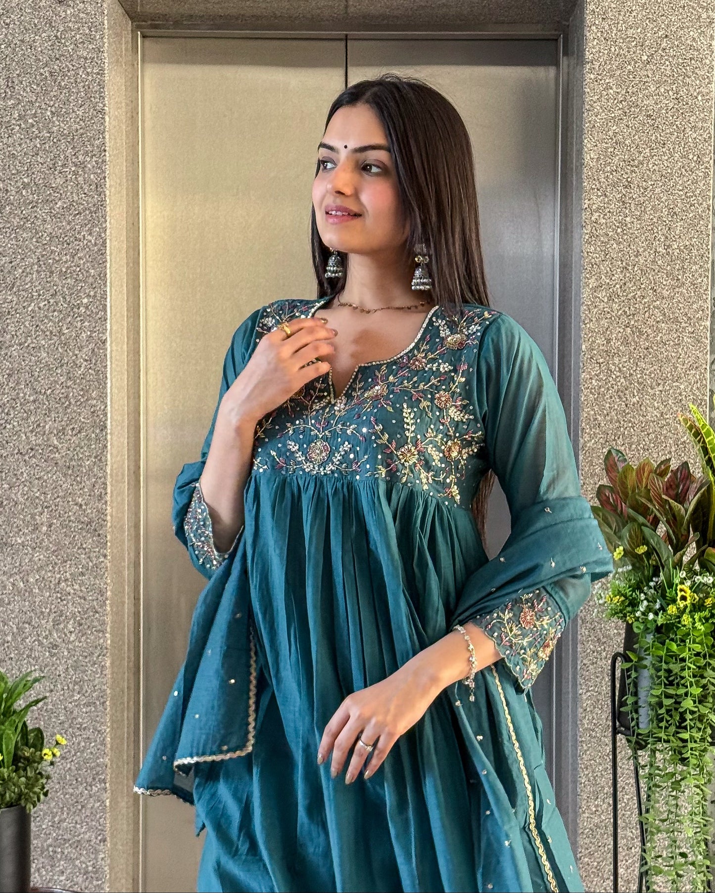Teal Blue A-Line Kurta Pant Set With Dupatta