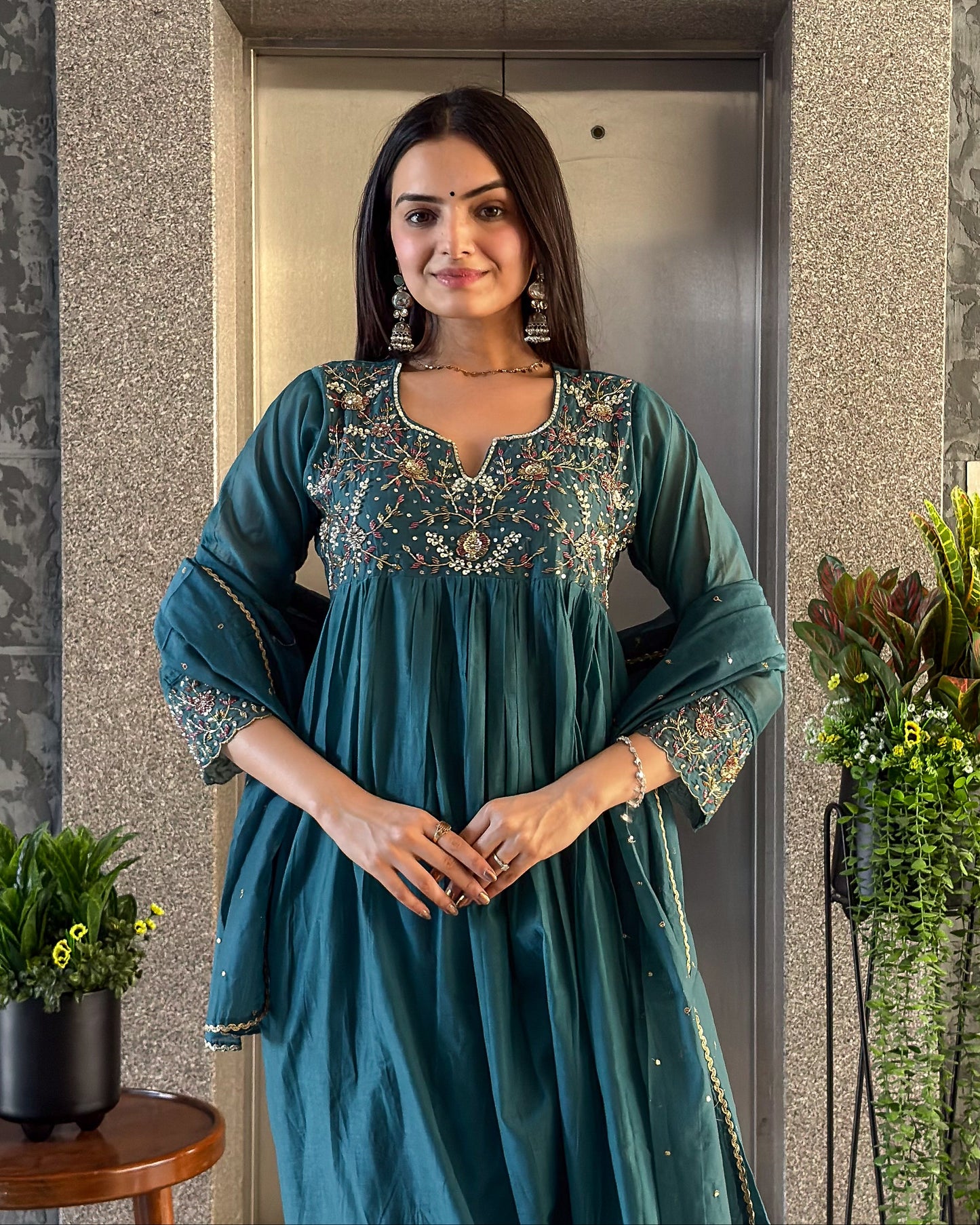 Teal Blue A-Line Kurta Pant Set With Dupatta