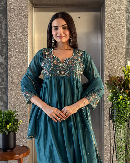 Teal Blue A-Line Kurta Pant Set With Dupatta