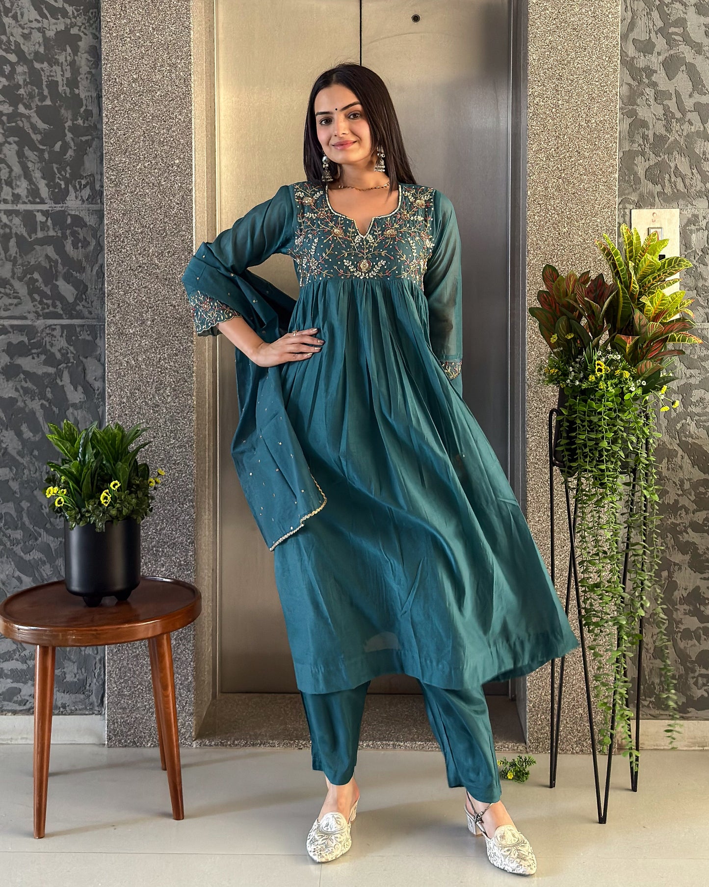 Teal Blue A-Line Kurta Pant Set With Dupatta