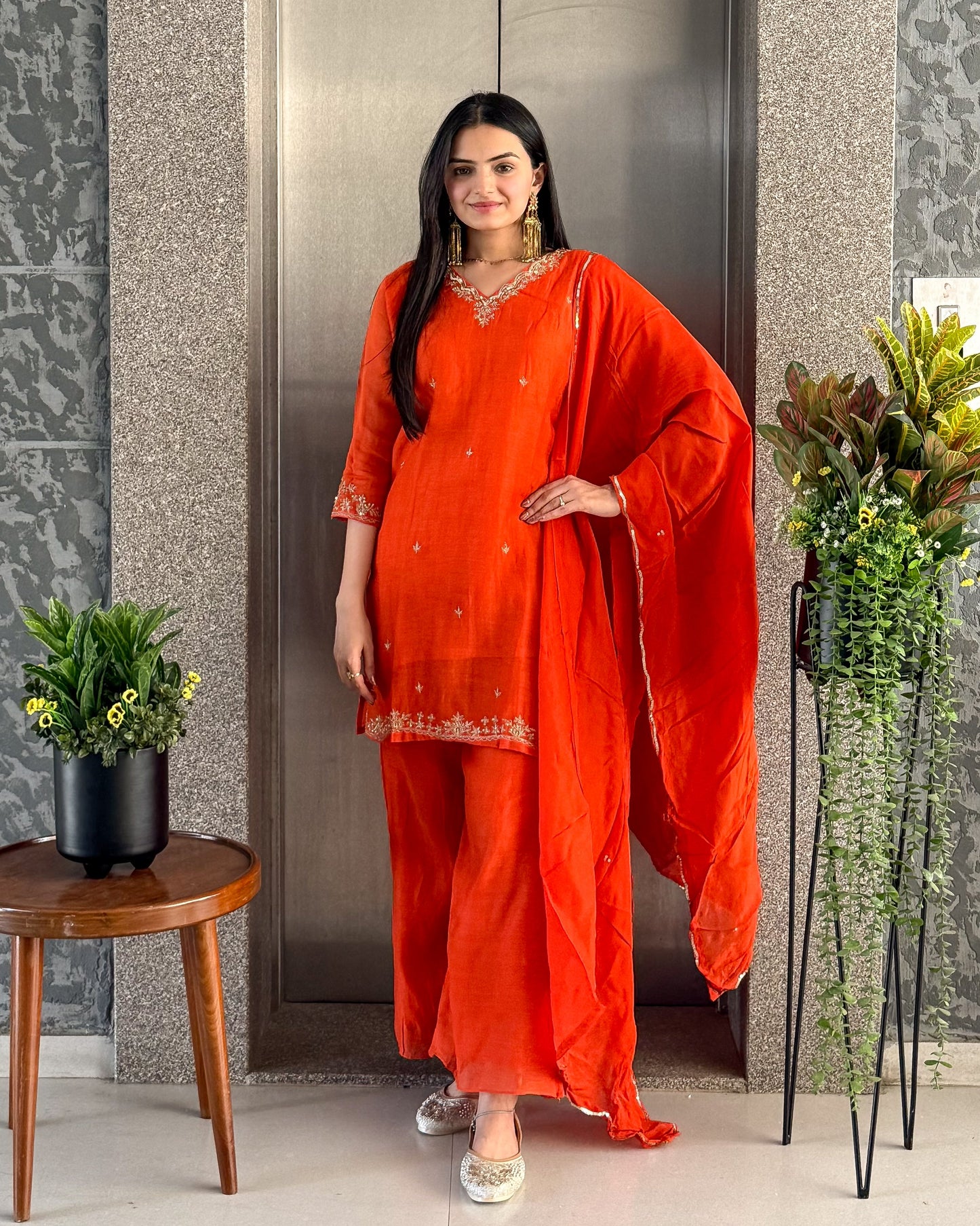 Orange Short Kurta Palazzo Set with Dupatta