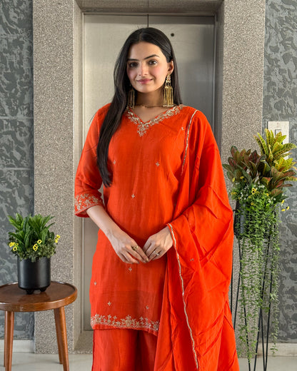 Orange Short Kurta Palazzo Set with Dupatta