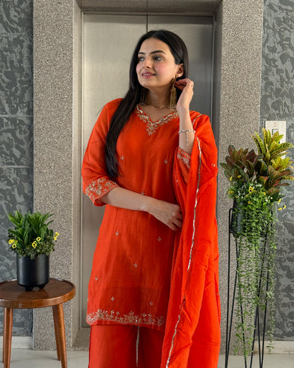Orange Short Kurta Palazzo Set with Dupatta