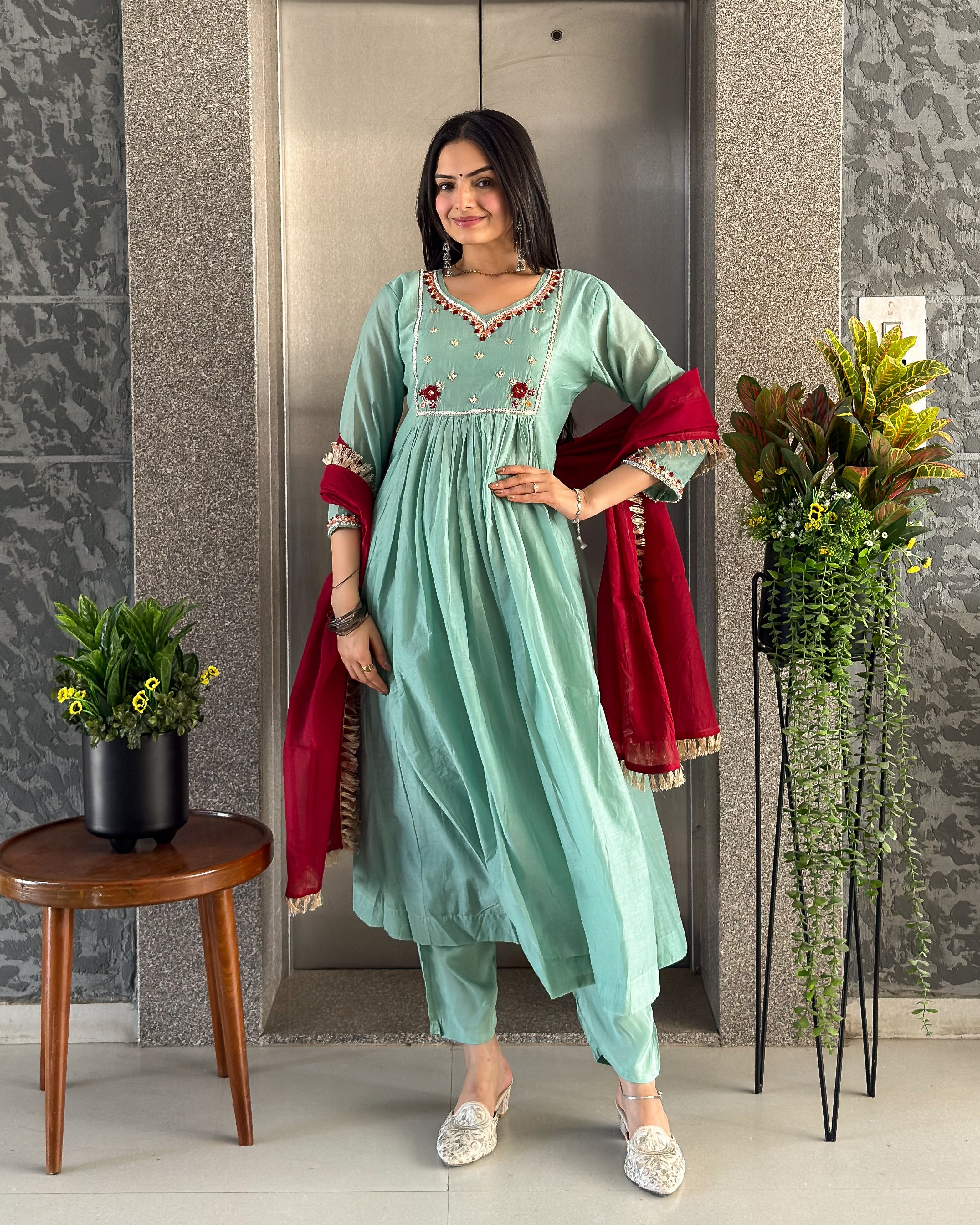Sea Green Round Kurta Pant with Dupatta Set
