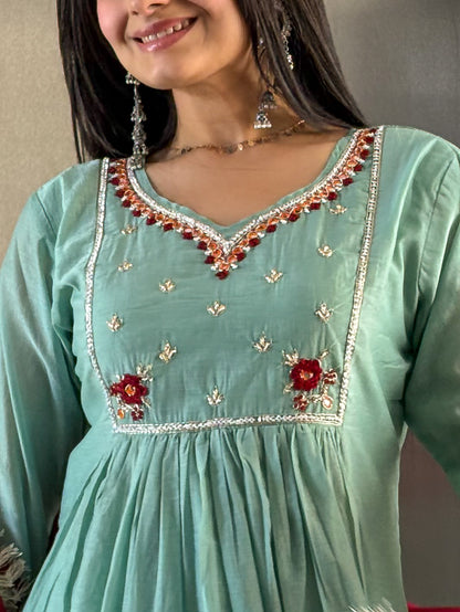 Sea Green Round Kurta Pant with Dupatta Set