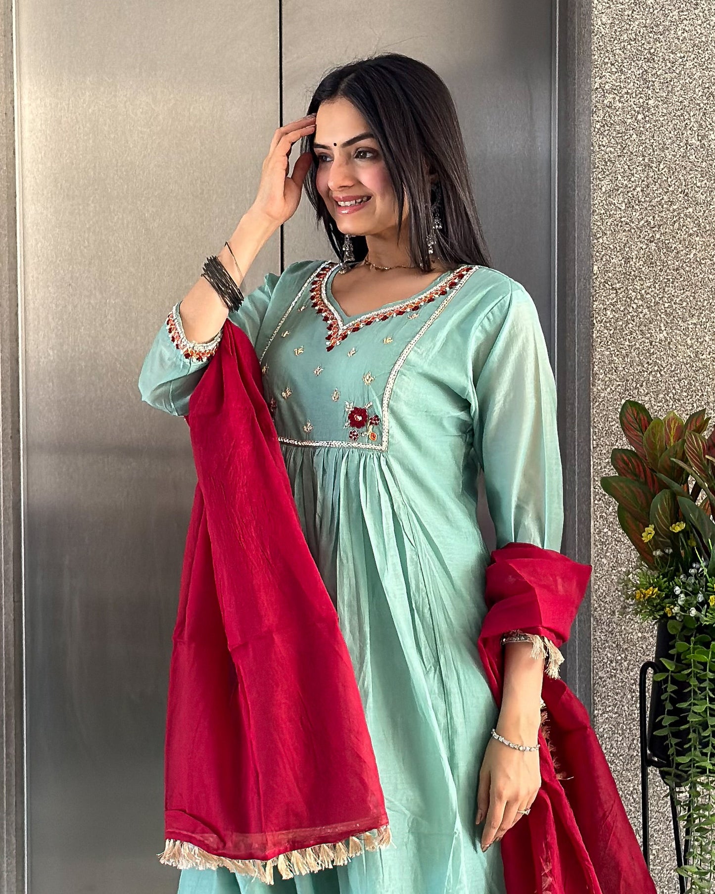 Sea Green Round Kurta Pant with Dupatta Set
