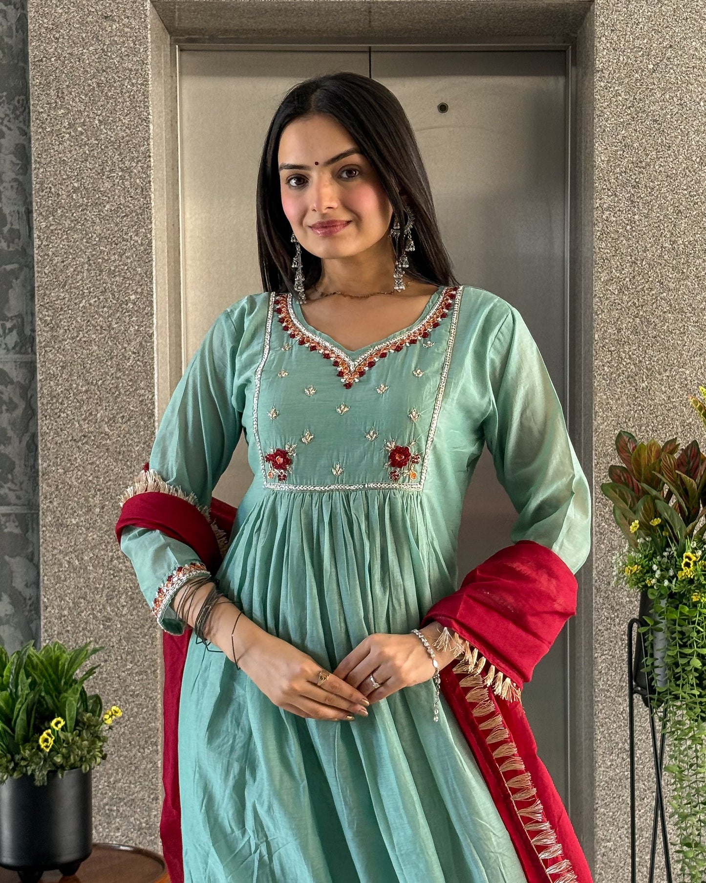 Sea Green Round Kurta Pant with Dupatta Set
