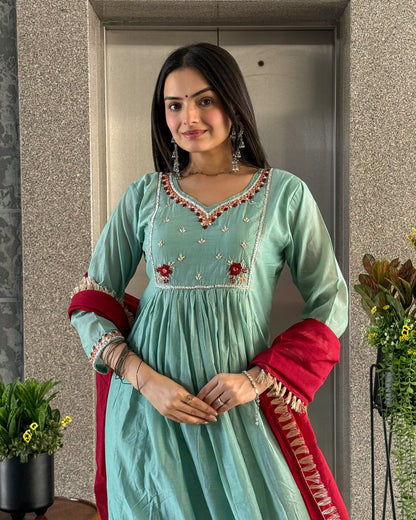 Sea Green Round Kurta Pant with Dupatta Set