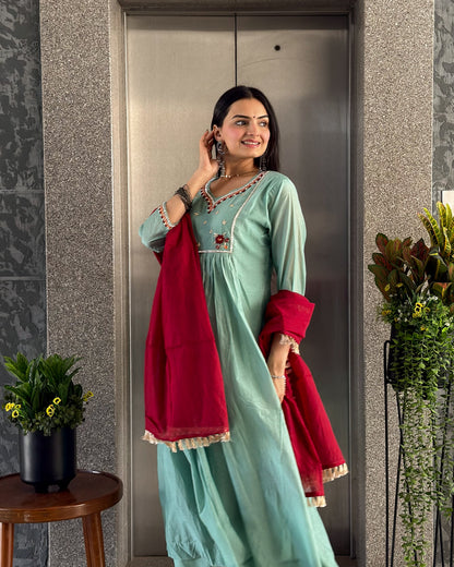 Sea Green Round Kurta Pant with Dupatta Set