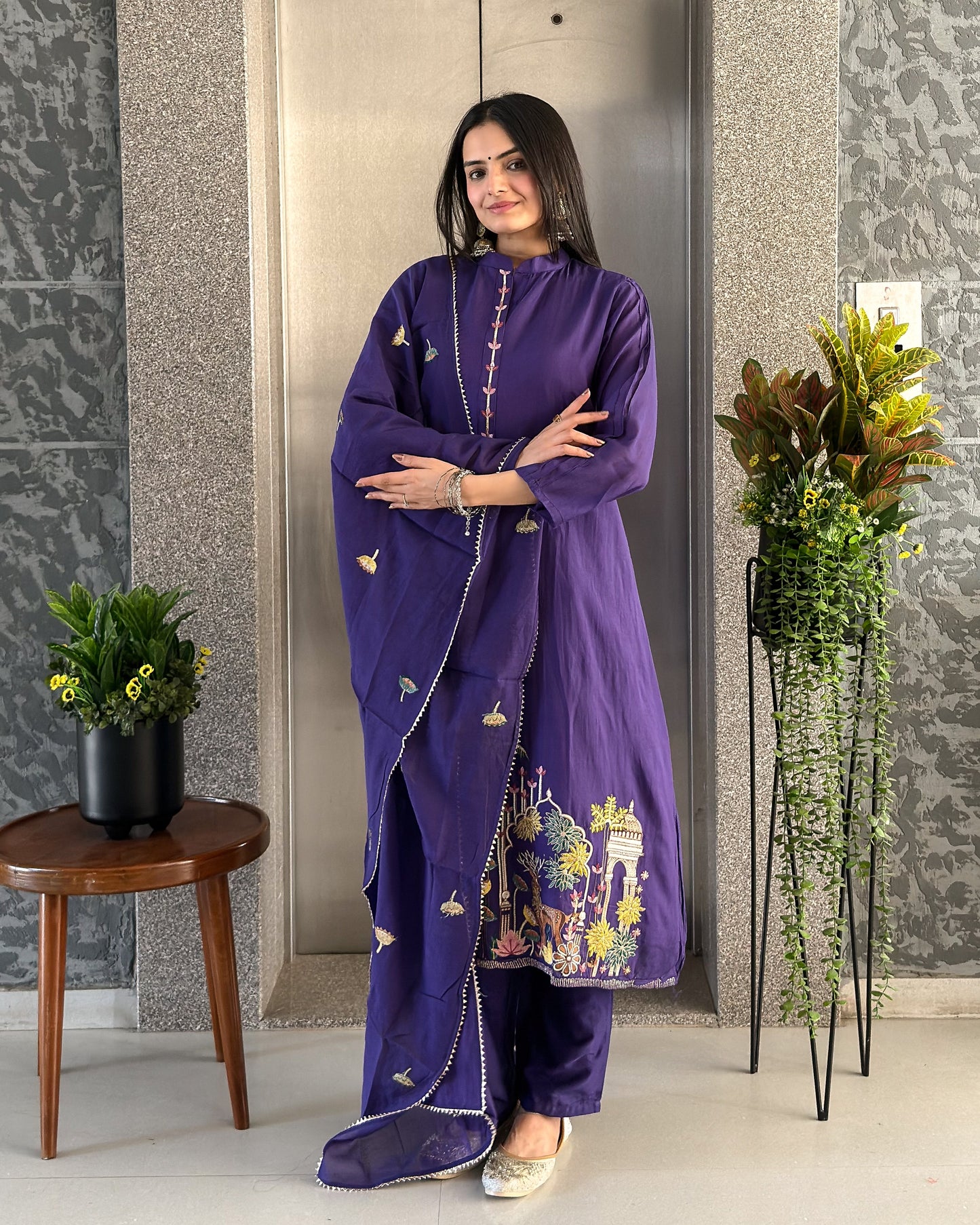 Dark Purple A Line Round Kurta Pant Set with Dupatta