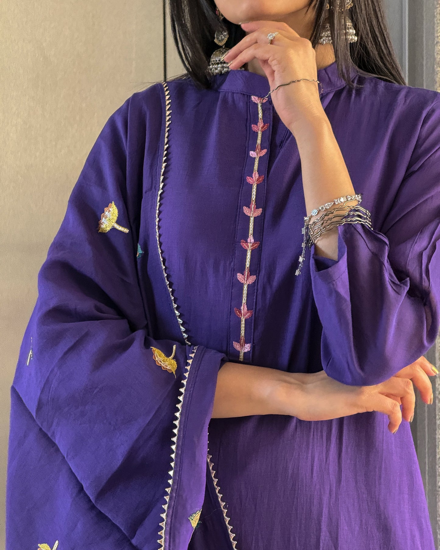 Dark Purple A Line Round Kurta Pant Set with Dupatta