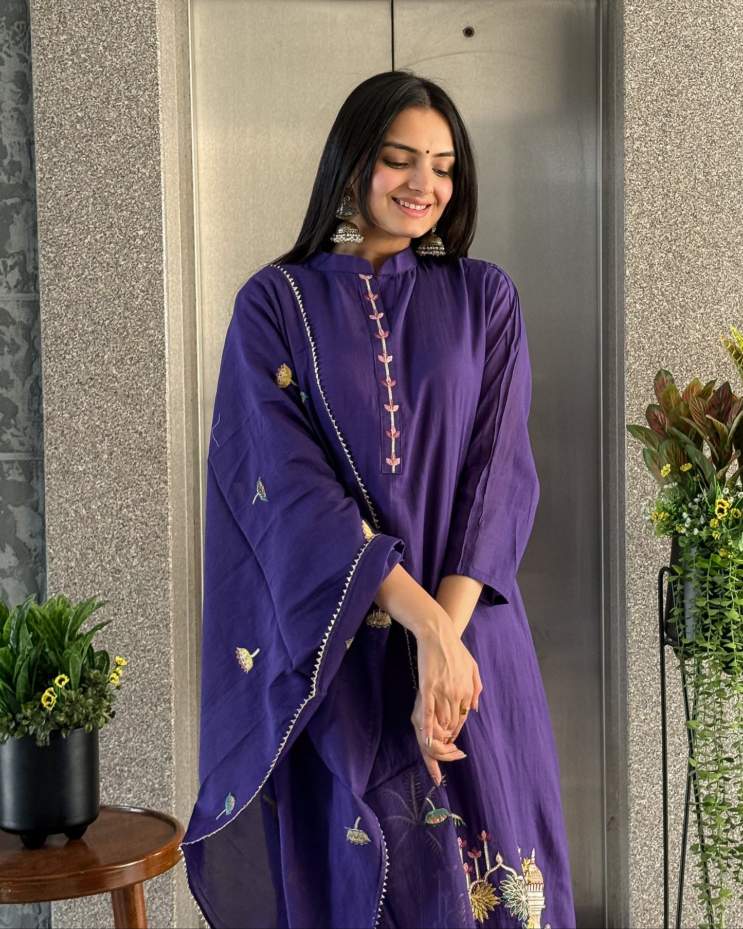 Dark Purple A Line Round Kurta Pant Set with Dupatta